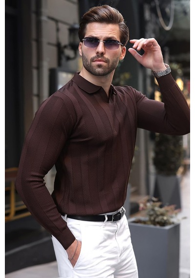 Madmext Kahverengi Regular Fit Polo Yaka Triko Erkek Kazak E7509
