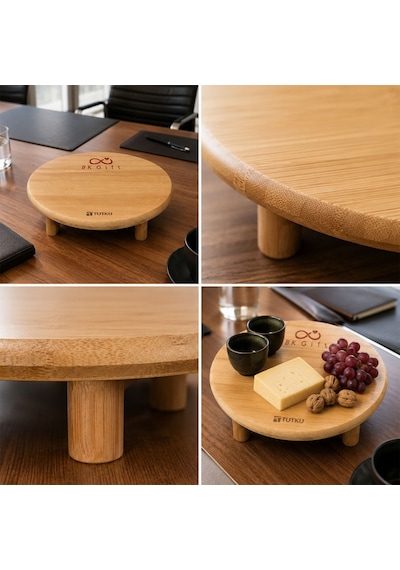 Logonuza Özel 10 Adet Ayaklı Bambu Sunumluk 24x24x6,5 Cm Kurumsal Sunum Tepsisi Bej
