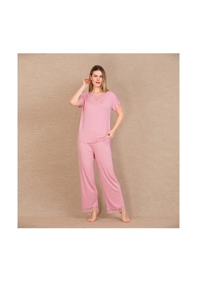 L'ombre Viskon Şık Tasarım Dantel İşlemeli Pembe Kısa Kol Pijama Takımı