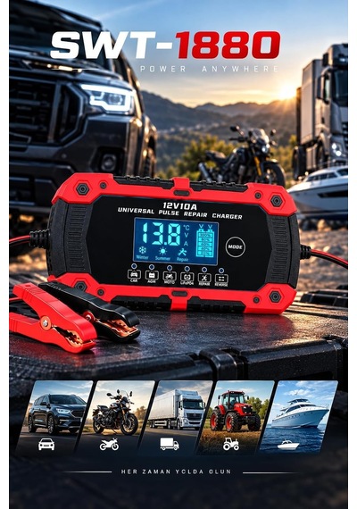 Tr Akıllı Dijital Akü Şarj Cihazı 12v 10a, 2ah-200ah Akü Uyumlu, Lcd Ekranlı, Pulse Repair, Kış Yaz Modu, Agm L