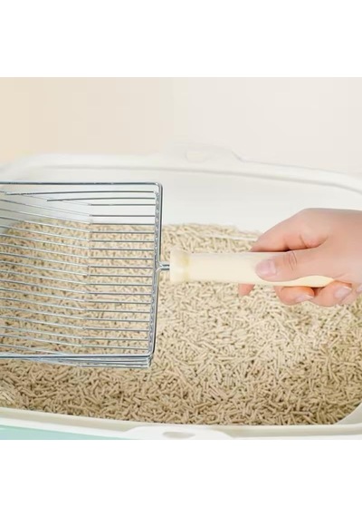 Paslanmaz Çelik Kedi Kumu Küreği - Ahşap Saplı Izgaralı Kum Eleği - Kedi Tuvaleti Temizleme Aparatı - Dayanıklı Ergonomik Saplı Pratik Elekli Kedi Kumu Temizlik Küreği - Kolay Kullanım