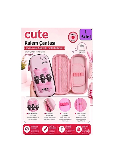 Pembe Kabartmalı Bölmeli Kalemlik 1 Adet P-5922 Kız Çocuk Okul Kalem Kutusu 3 Boyutlu Sevimli Karikatür Hediyelik Lila