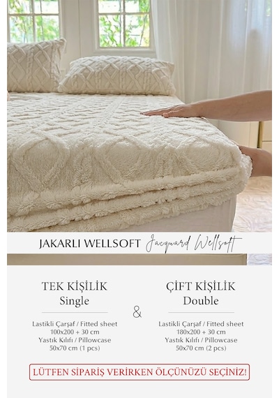 Süper Yumuşak Jakar Kadifemsi Peluş Lastikli Fitted Çarşaf Seti Kaymaz Tek/çift Kişilik Bej Açık Bej