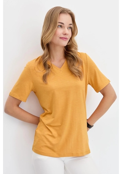 Desen Triko Kadın V Yaka Flamlı Kumaş Basic T-shirt Kmy24085 Hardal