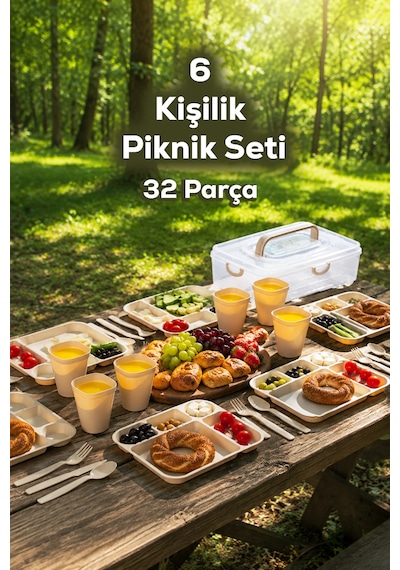 Porsima Ac-101 32 Parça 6 Kişilik Pratik Taşınabilir Piknik Seti - Saklama Kutulu Piknik Sepeti Krem
