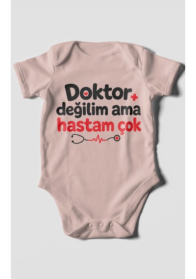Morivokids Doktor Değilim Ama Hastam Çok Kısa Kollu Bebek Body %100 Pamuk Pastel Pembe