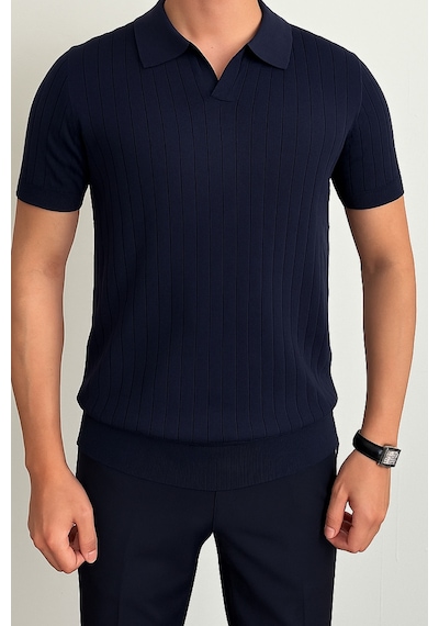 Tarz Cool Erkek Mat Lacivert Slim Fit Fitilli Polo Yaka Triko T-shirt Mat Lacivert