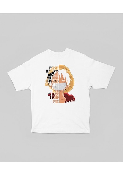 Tasarım Monkey D. Luffy Baskılı Unisex Oversize Anime Dizi Karakt Beyaz