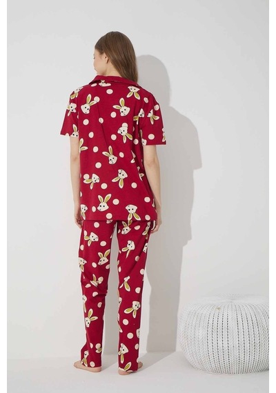 Siyah İnci Pamuklu Likralı Düğmeli Pijama Takım Bordo