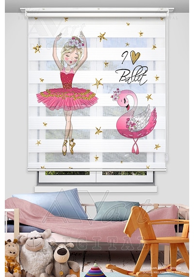 Balerin Ve Kuğu Baskılı Çocuk Odası Perdesi - Dijital Baskılı Zebra Stor Perde Çok Renkli
