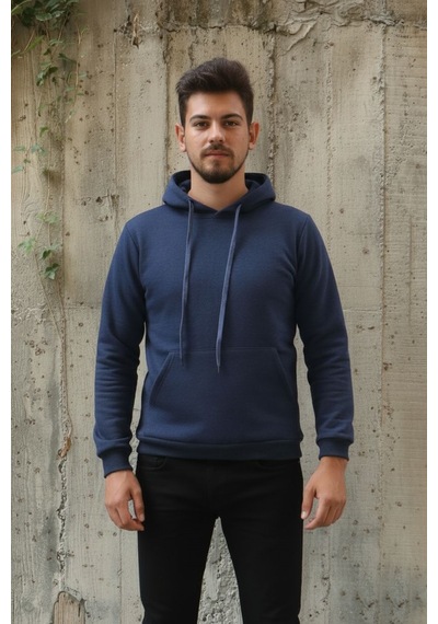 Modish İki İplik Kapşonlu Kanguru Cepli Erkek Günlük Sweatshirt İndigo