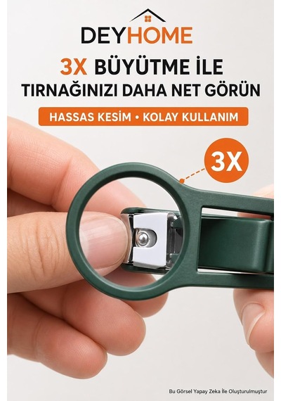 3x Büyüteçli Paslanmaz Çelik Tırnak Makası, Törpülü Ve Sıçrama Önleyici, Rahat Tutuşlu Yeşil