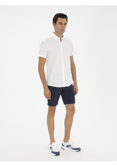 Cacharel Beyaz Slim Fit Keten Karışımlı Kısakol Gömlek