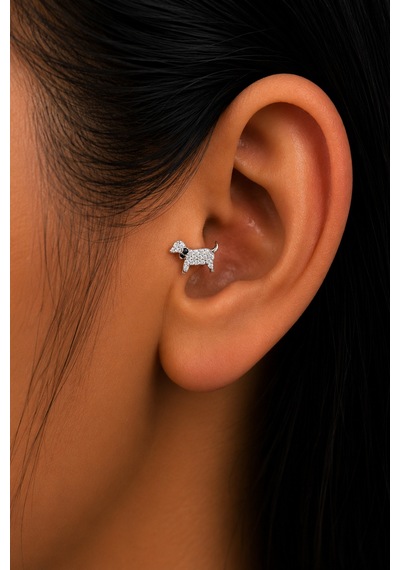 Sertifikalı 316l Çelik Taşlı Köpek Figürlü Siyah Tasma Detaylı Premium Gümüş Renk Tragus Ve Helix Pi