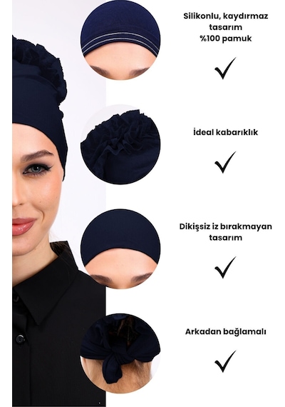 Loggia Kaymayan Fırfırlı Silikonlu Dikişsiz Bone - Kaymaz Kadın Tesettür Bağlamalı İç Bone-lacivert Lacivert