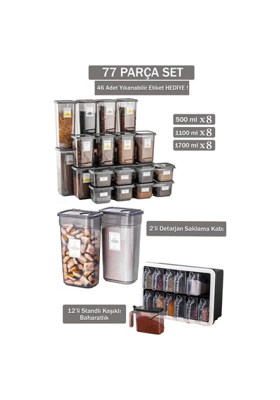 77 Parça Saklama Kabı & Baharatlık Seti Çeyiz Seti Mutfak Düzenleyici Erzak Ve Bakliyat Kabı Takımı Gri - 750410407 Gri