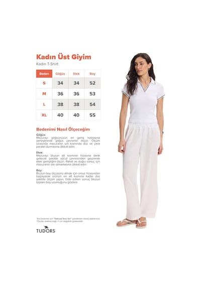 Tudors Kadın Slim Fit Dar Kesim Pamuklu Polo Yaka Kısa Kollu Beyaz Tişört-50461