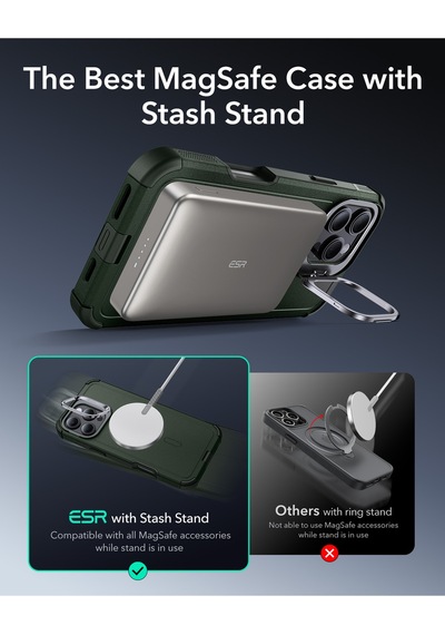 Esr Apple Uyumlu iPhone 16 Pro Cyber Tough Halolock Magsafe Stantlı Silikon Kılıf Green Green