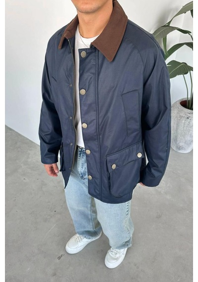 Lacivert Waxed Çıt Çıt Cep Detay Oversize Ceket Lacivert