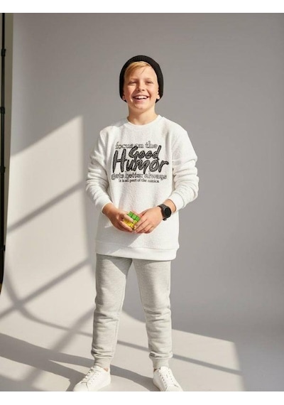 Zekids Erkek Çocuk Good Humor Yazılı Uzun Kollu İnce Triko T-shirt-16647 Beyaz