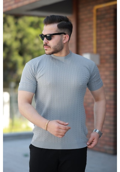 Erkek Bisiklet Yaka Örgü Desenli Kısa Örme Triko Kısa Kollu T-shirt Gri
