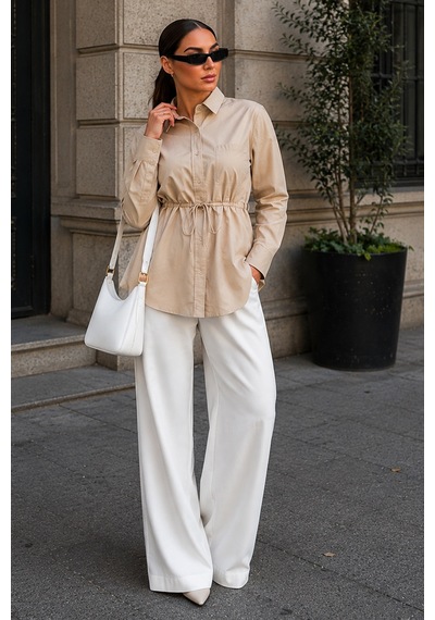 Madmext Bej Belden Bağlamalı Oversize Cepli Gömlek Mg2798