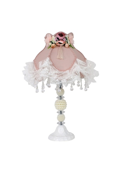 Pudra Pembe Beyaz Dantelli Çiçekli İnci Ayaklı Klasik Vintage Abajur 55x30 Cm