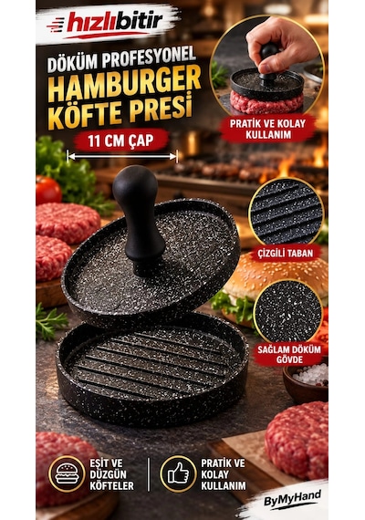 Bymyhand Döküm Hamburger Ve Köfte Kalıbı Hamburger Press Şekillendirici Pratik Köfte Yapma Aparatı Siyah