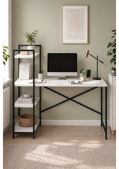 120x55 Cm Raflı Çalışma Masası Bilgisayar Masası Ofis Masası Ders Masası Cervantes Beyaz