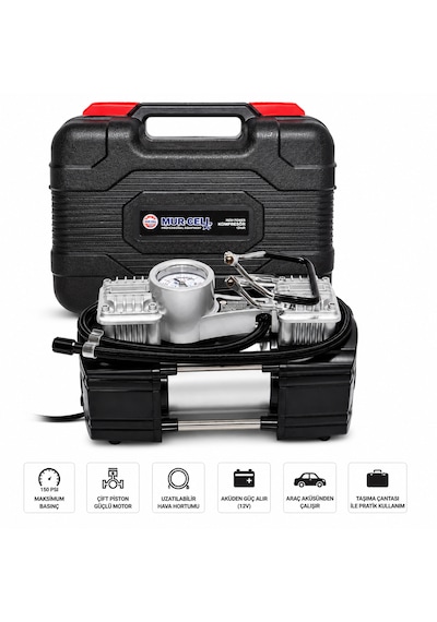 Mur-cell Çift Pistonlu Pro Seri 12v Lastik Şişirme Kompresörü Seti Hava Pompası