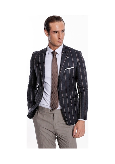 Wessi Çizgili Slim Fit Füme Erkek Ceket Siyah