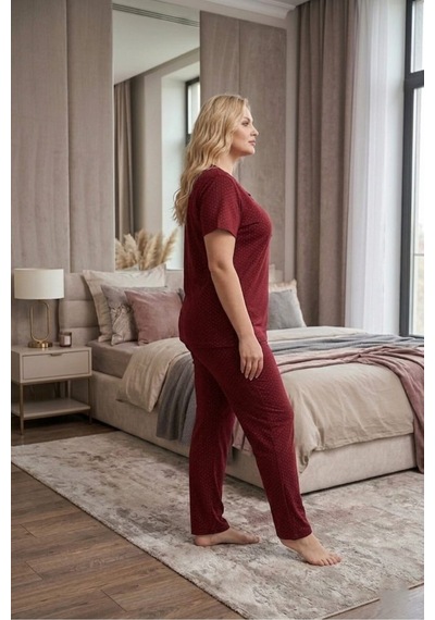 Eyfuze Kadın Büyük Beden Desenli Yakası Düğmeli Kısa Kollu Bambu Pijama Takımı Kırmızı-2 Eyfuze Kadın Büyük Beden Desenli Yakası Düğmeli Kısa Kollu Bambu Pijama Takımı Kırmızı-2