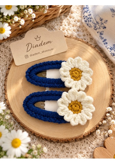 Diadem Aksesuar Diadem El Örgüsü Papatyalı Bej - Lacivert