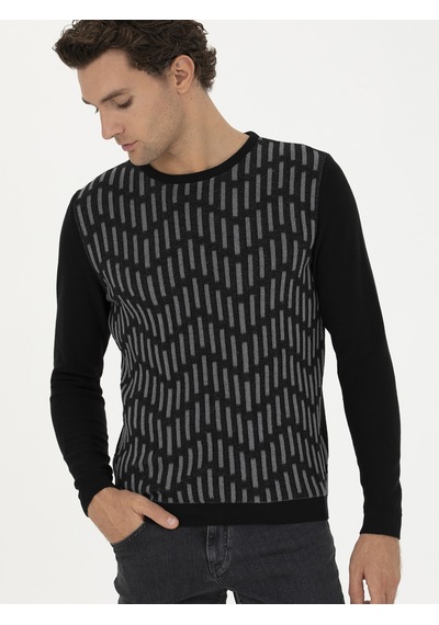 Cacharel Siyah Slim Fit %100 Pamuk Bisiklet Yaka Triko Kazak
