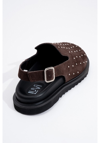 Luvishoes Our Kahverengi Hakiki Deri Süet Zımbalı Burnu Kapalı Kadın Sandalet Kahverengi