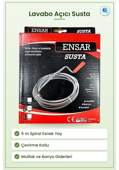 Lavabo Açıcı Susta 5 M Spiral Esnek Yay Mutfak Banyo Tuvalet Tıka Tekli