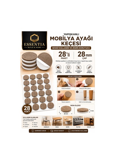 28 Mm Yapışkanlı Mobilya Ayağı Keçesi 28'li Sessiz Kullanım Ve Zemin Koruyucu Kahverengi