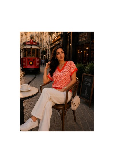 Hira Life Fashion Sfg Life Moda Kadın V Yaka Kare Desenli Şık Süveter Turuncu Turuncu