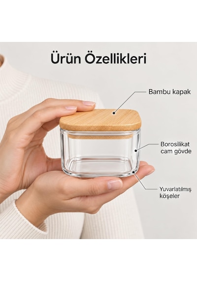 Lexroo Bambu Kapaklı Borosilikat Cam Kavanoz 8 5 Cm, Kare Şeffaf Saklama Kabı, Küçük Tereyağlık