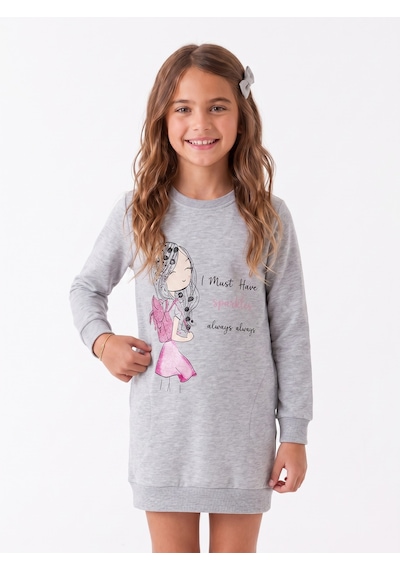 Onloox Kız Çocuk Gri Melanj Kız Çocuk Gri Melanj Pamuklu Bisiklet Yaka Slim Fit Pullu Baskılı Örme Tunik 3 Yaş