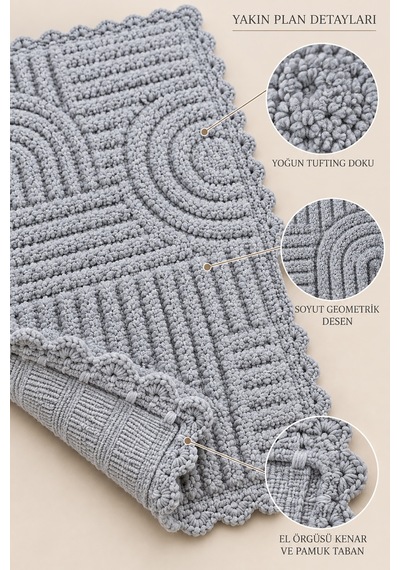 Alanur Bodrum Tufting Cotton Pamuklu El Işi Örgülü Paspas 113 80 X 135 Cm gri