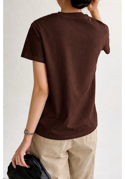 Kadın Kısa Kollu Çizgi Detaylı Basic Tişört Süprem Kumaş Yazlık Rahat T-shirt Kahverengi