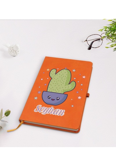 Kişiye Özel Kaktüs Tasarımlı Turuncu Termo Deri Defter Model 4
