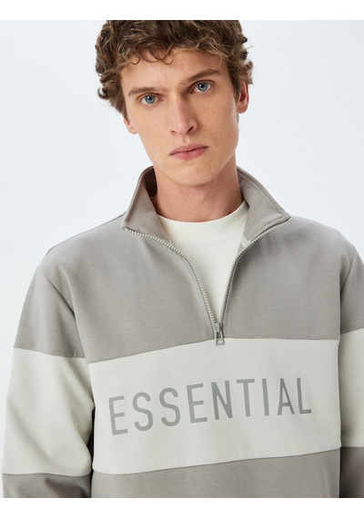 Koton Renk Bloklu Yarım Fermuarlı Pamuklu Slogan Baskılı Sweatshirt Gri 5sam70009mk Gri