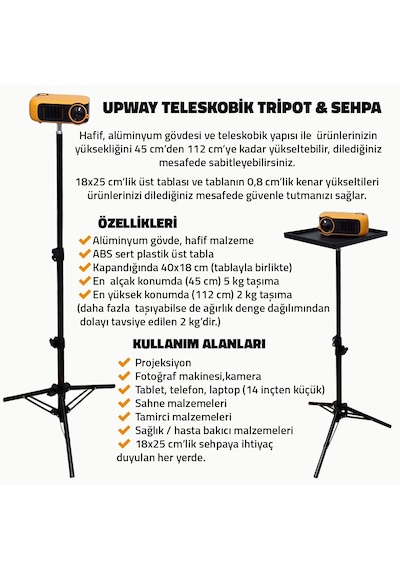 Upway Çok Amaçlı Teleskobik Sahne, Projeksiyon Ve Tablet Standı - 112 Cm Teleskobik Tripot