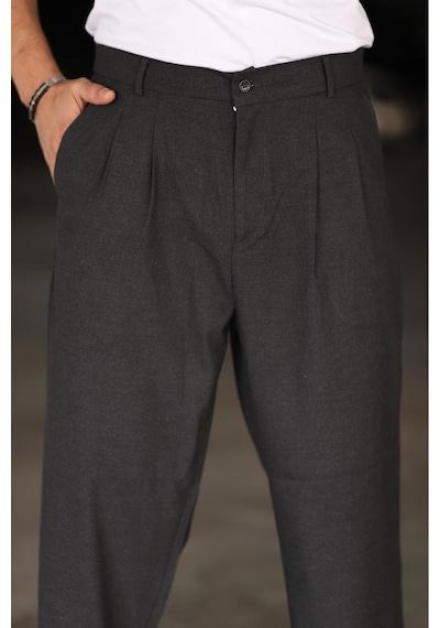 Bürke Baggy Çift Pileli Antrasit Renk Beli Lastikli Kaliteli Rahat Kesim Klasik Bol Paça Baggy Pantolon