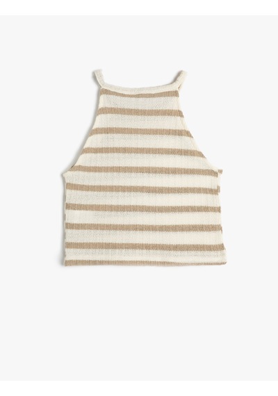 Koton Crop Halter Yaka Üst Kroşe Slim Fit Bej Çizgili 4sal30018ık Ekru Çizgili