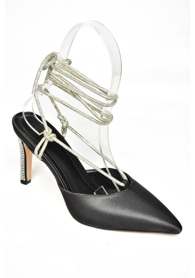 Fox Shoes S404911004 Siyah Saten Kumaş Bilekten Bağlamalı Kadın Abiye Ayakkabı Siyah