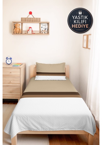 Modern Çizgili Krem Tek Kişilik Pike Takımı - Vizon Kahve Kapitone 160x220 Cm Mevsimlik Yatak Örtüsü Ahenkli Doku Kıyımı