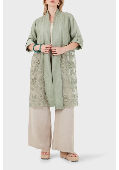 Via Dante % 100 Keten Dantel Detaylı Kimono Bayan Kimono 6909330 Haki